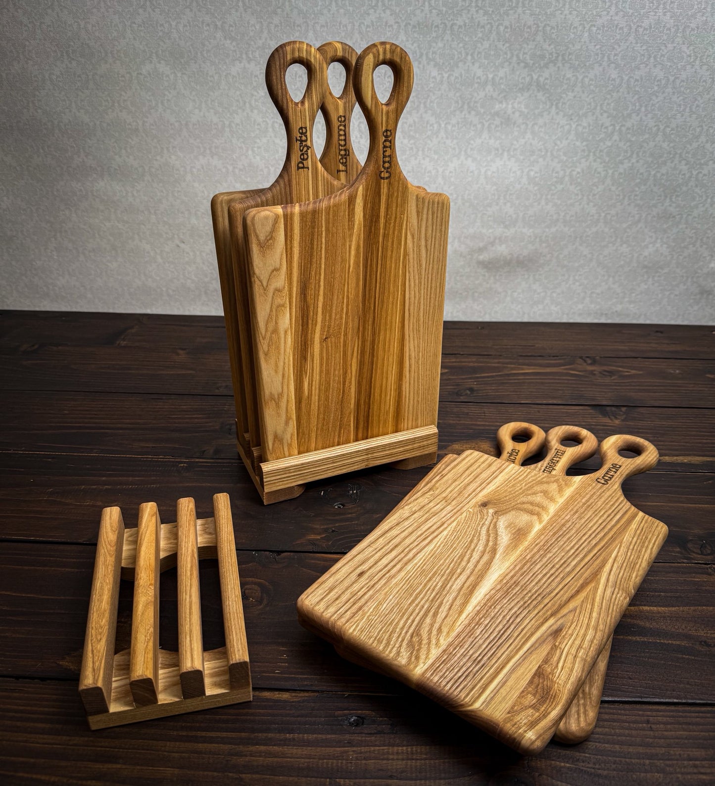 Set 3 tocătoare lemn frasin cu suport – bucătărie / servire