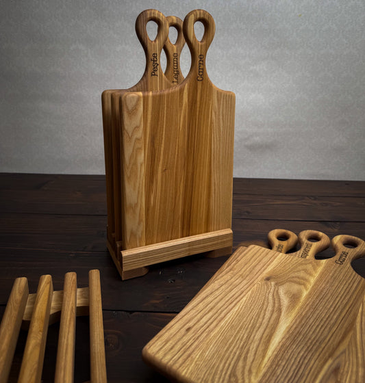 Set 3 tocătoare lemn frasin cu suport – bucătărie / servire